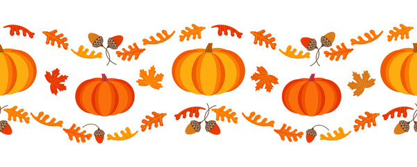 Happy Thanksgiving Day holiday geometric seamless vector border pattern. Cute pumpkin, oak leaves nuts cartoon design element. Autumn Fall harvest holiday festival celebration background illustration