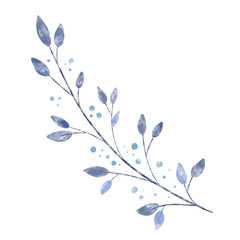 Watercolor textured vector branch with blue leaves and dots. Winter wreath plant element. Floral design artistic botany clip art.