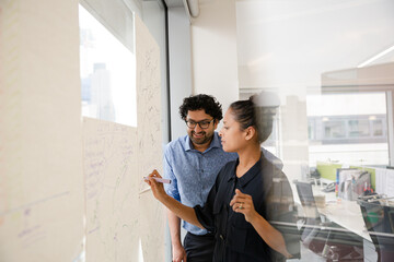 Business people discussing diagram sketches hanging on office window