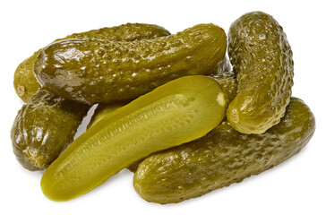 marinated pickled cucumbers with slices isolated on white background. Clipping path and full depth of field
