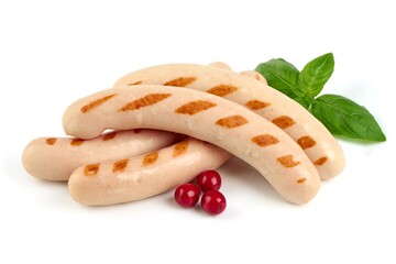 Grilled white thin sausages, isolated on white background.