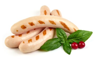Grilled white thin sausages, isolated on white background.