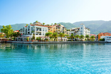 Sunset view of the yacht marina in Porto Montenegro