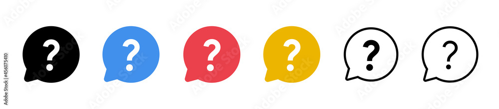 Poster question mark icon or button set. question mark outline signs. buttons. help icons speech bubble vec