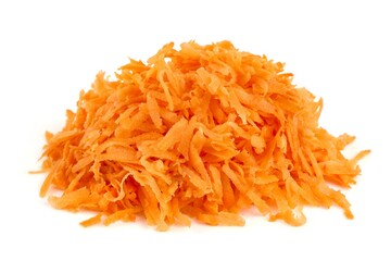 Grated carrot, isolated on white background.