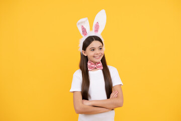 happy easter child girl in bunny ears and bow tie, happy easter