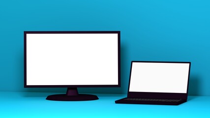 ノートパソコンとモニター　3DCG　コンピュータ