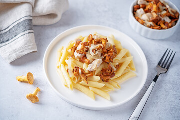 Chanterelle onion fried creamy pasta in a plate