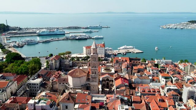 Drone view of the Catholic Cathedral in Split, Croatia. Drone shot of Split Cathedral. Cathedral of Saint Dujm in Croatia. Drone shot Croatian city of Split. Ruins of Diocletian's palace in the city.