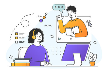 Girl student studying from home. Child listens to audio recordings of male teacher. Distance lessons, podcast with useful information. Cartoon flat vector illustration isolated on white background