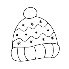 Knit beanie hat with dots, snowflakes, stripes and pompom black and white vector in contour line art cartoon doodle style.S easonal winter clothing clip art design element. Headwear fashion accessory.