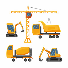 A set of construction equipment. Construction transport. Truck. An excavator. Concrete mixer truck. Vector cartoon illustration.