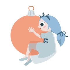 Snowflake girl sitting on christmas ball. Winter fictional character in cartoon style