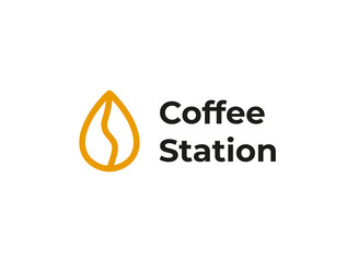 Coffee bean with liquid drop logo. Coffee shop at gas station logotype concept. Coffee station modern minimalist vector logo isolated