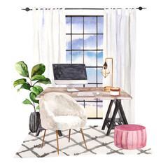 Watercolor hand painted home office workplace interior illustration on white background 