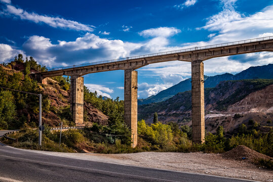 Beautiful abandoned railway bridge on railway from Elbasan to Pogradec, northern Albania. This part of railway is closed and abandoned.