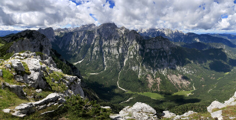 Panoramic view of the Julian Alps with mount Triglav and Krma valley, Slovenia - obrazy, fototapety, plakaty