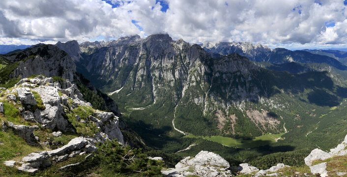 Panoramic view of the Julian Alps with mount Triglav and Krma valley, Slovenia