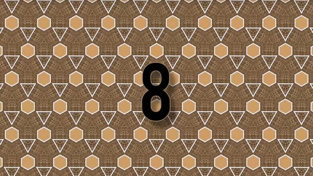 A countdown animation from 12 to 0 on a brown background with a simple geometric pattern changing from triangles to hexagons