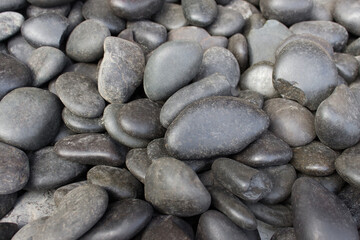 Many round polished shiny black pebbles stones.