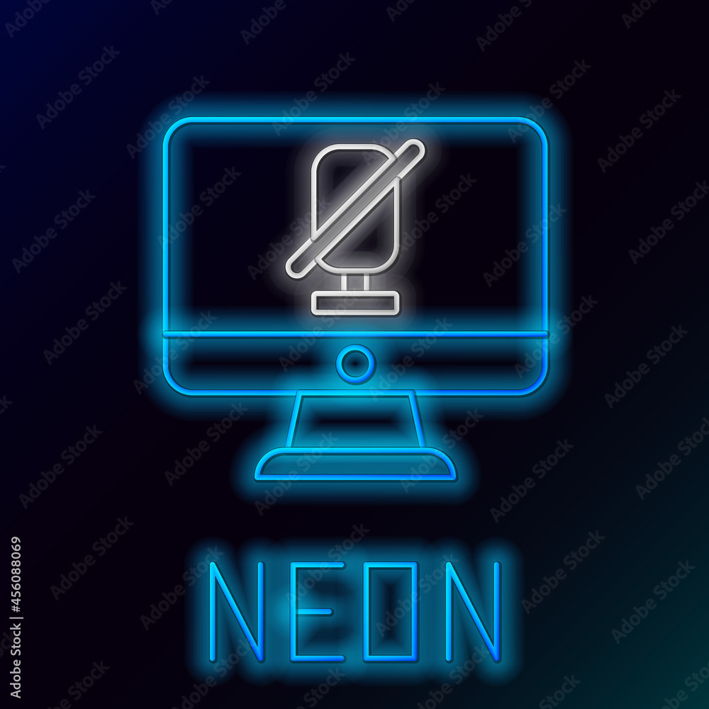 Poster Glowing neon line Mute microphone on computer icon isolated on black background. Microphone audio muted. Colorful outline concept. Vector