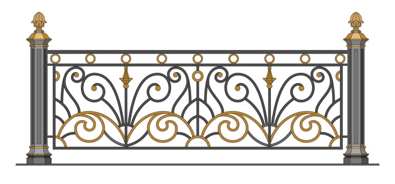 Classic Iron Railing With Metal Pillars. Handrails. Balcony. Terrace. Urban Design. Gold Decor. Luxury Modern Architecture. Palace. Wrought Iron Fence. Blacksmithing. Template. Isolated. White. Vector