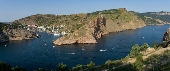 Balaklava bay, Bella Chiava, which is translated from Italian as Beautiful harbor. Panorama of the Crimean coast from Balaklava Bay to Cape Aya.
