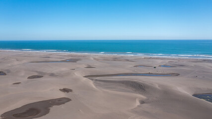 Dunas de Putu, Constitucion region del Maule, Chile, Aerial view from drone horizontal photo, view towards the sea and beach