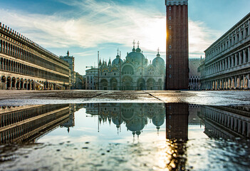 view to St. Mark's square with campanile and basilica in early morning, Venice