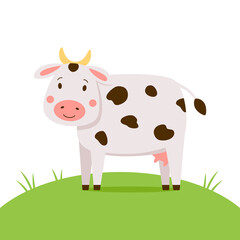A cute white cow with brown spots stands on a green grass meadow. Funny cartoon farm animal illustration for kids