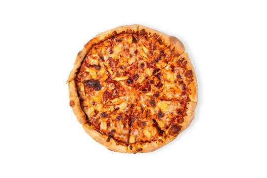Tasty hawaii pizza isolated on white background. Top view on paperoni pizza. Concept for italian food, street food, fast food, quick bite. Food banner with copy space.
