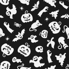 Seamless vector pattern for Halloween design. Halloween symbols: ghost, bat, pumpkin in cartoon style. Vector Illustration.