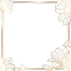 Square gold frame made of golden magnolia flowers and branches on a white background. Minimalism of forms in a square frame and abstraction. Leaves with plant flowers. Vector illustration.