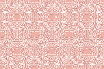 Geometric volumetric convex ethnic white 3D pattern, decorative design cover. Embossed pink background, arabesque. Cut paper effect, openwork lace texture. Oriental, Indonesian, Asian motives.
