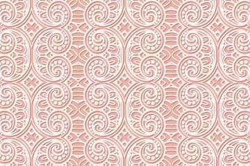 Geometric volumetric convex ethnic white 3D pattern with curls, cover design. Embossed pink background, arabesque. Cut paper effect, openwork lace texture. Oriental, Indonesian, Asian motives.