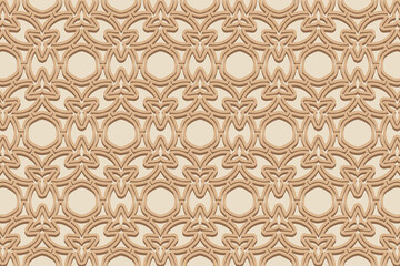 Geometric volumetric convex ethnic 3D pattern. Embossed abstract beige background. Cut paper effect, openwork lace texture, arabesque. Oriental, Indonesian, Asian motives.