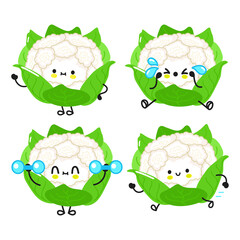 Funny cute happy cauliflower characters bundle set. Vector kawaii line cartoon style illustration. Cute cauliflower mascot character collection