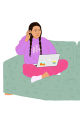 Woman sitting on couch with hand on face and laptop on lap