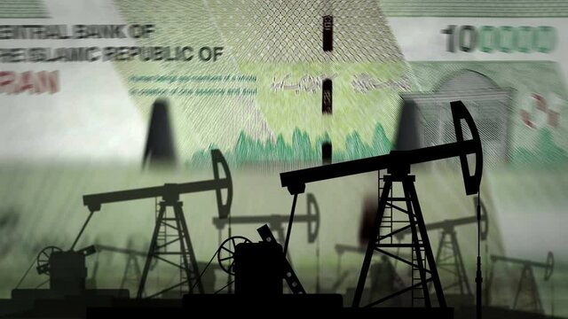 Iranian Rial money counting machine with oil pump. Petroleum rig and fuel business with banknotes count. Economy abstract concept background illustration loopable and seamless.