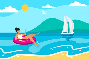 Obraz na płótnie Canvas Summer girl swims on an inflatable rubber pink circle Beach with seascape seashore ahead in sunbeams Front view Summer holiday idyllic Summer seaside banner with a beautiful beach woman