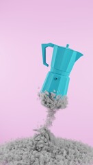Fototapeta na wymiar Coffee maker looking up to the sky to start the day with a bang. Blue coffee maker on pink background leaving a trail of smoke
