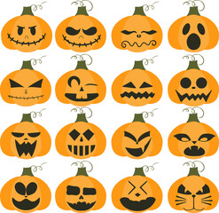 set, pumpkins, different expressions of emotions, all pumpkins can be used separately, illustration set, illustration for halloween, vector