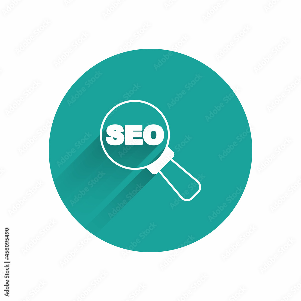 Poster white seo optimization icon isolated with long shadow. green circle button. vector