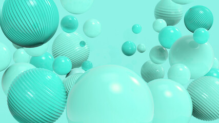 Fototapeta na wymiar Abstract background with levitating spheres in turquoise tone. Trendy geometric background for poster or any background purposes. 3d render illustration.
