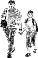 Sketch of father and his teen son walking outdoors together on summer day