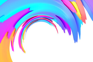 Multicolored abstract twisted brush stroke. Bright curl, artistic spiral. 3D rendering image