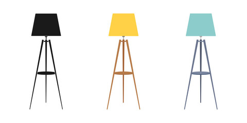 Tall lamp with wooden legs, floor lamp. Set of icons.
