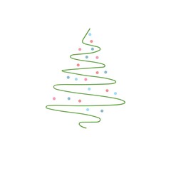 Christmas tree silhouette one line drawing with color circles, vector illustration