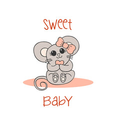 Hand drawn cute animals with lettering. A mouse with a pink bow and a heart. Sweet baby. White background. Vector.