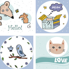 Animal set. Doodle style hand drawn. Mice, owl, chick, cat, butterfly, box, schrodinger's cat.